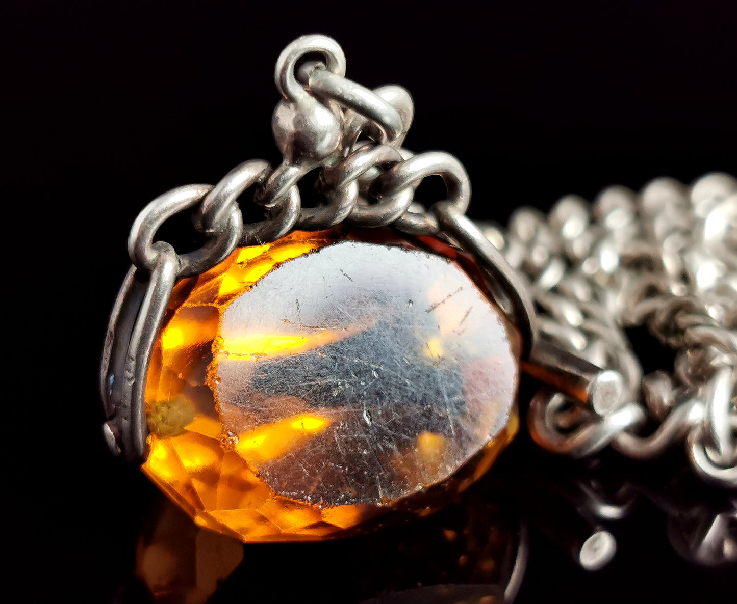 Antique sterling silver Albert chain, watch chain, Citrine spinning fob