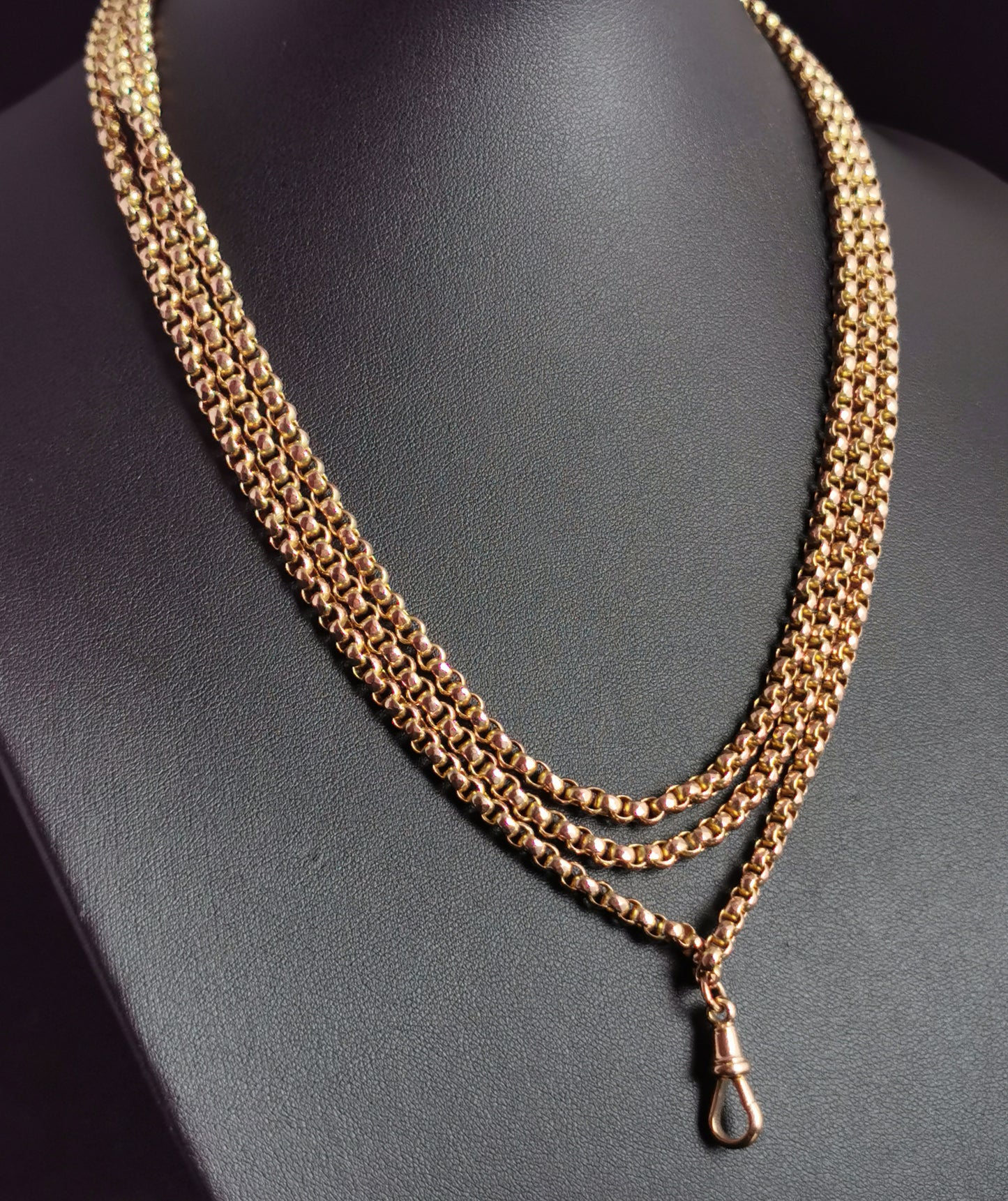Antique 9ct gold long chain, longuard l, muff chain necklace, Victorian