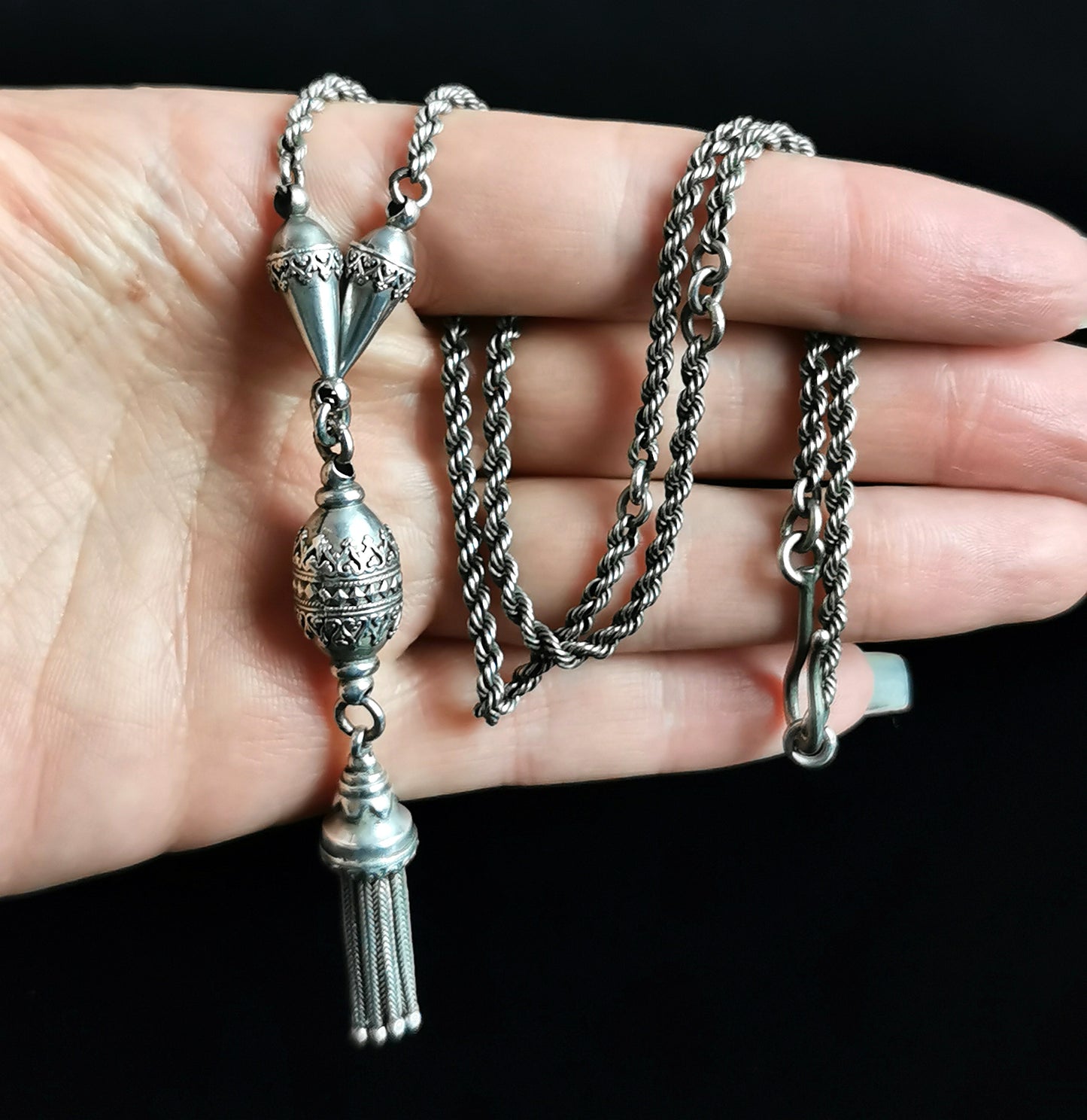 Antique Victorian silver tassel necklace, rope twist