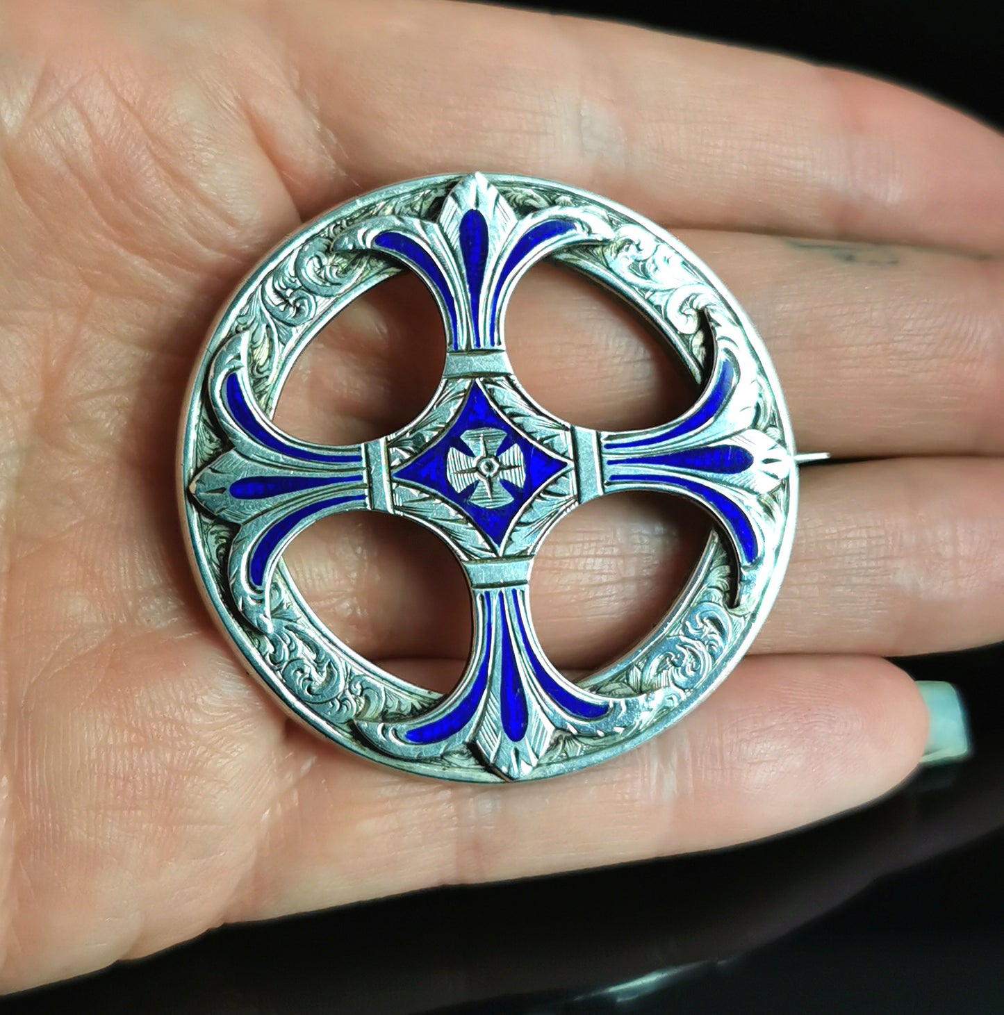 Antique Scottish silver and enamel brooch, Celtic Cross, Victorian