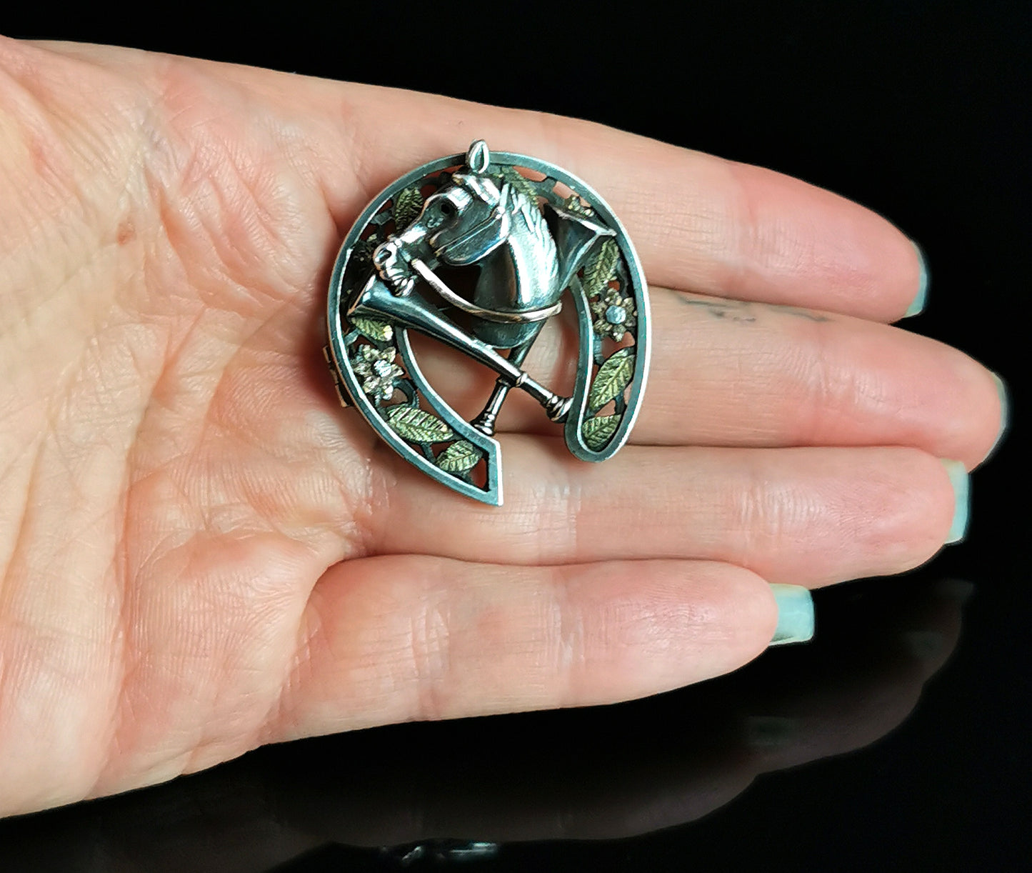 Antique Victorian Horseshoe, horse and horns brooch, Sterling silver and gold