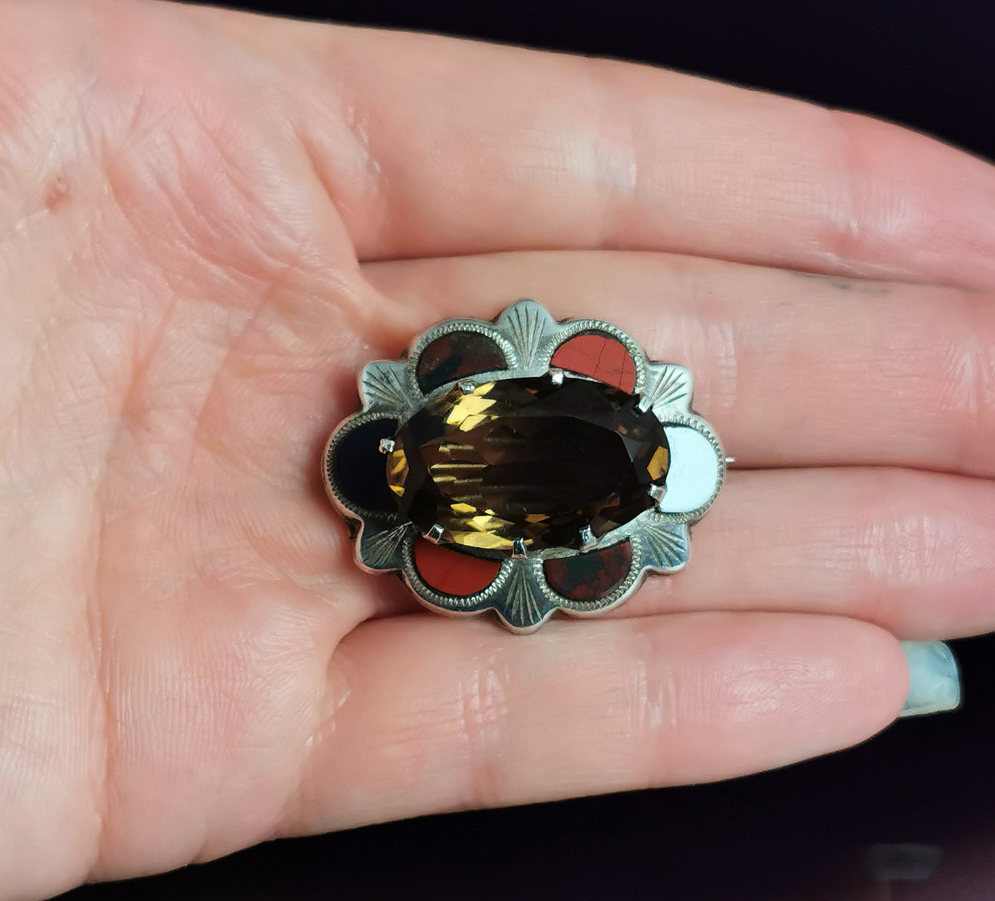 Vintage Scottish agate, silver and smoky quartz brooch