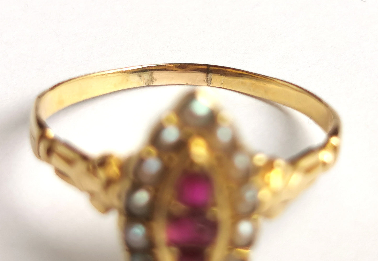 Antique Ruby and pearl navette ring, 18ct gold, Victorian