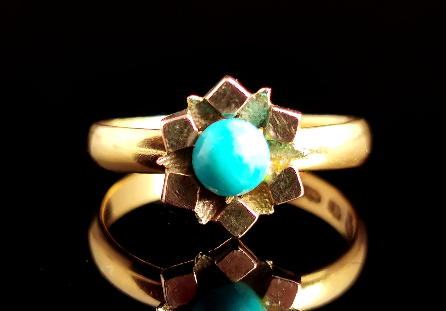 Antique Victorian 22ct gold band ring, Turquoise flower