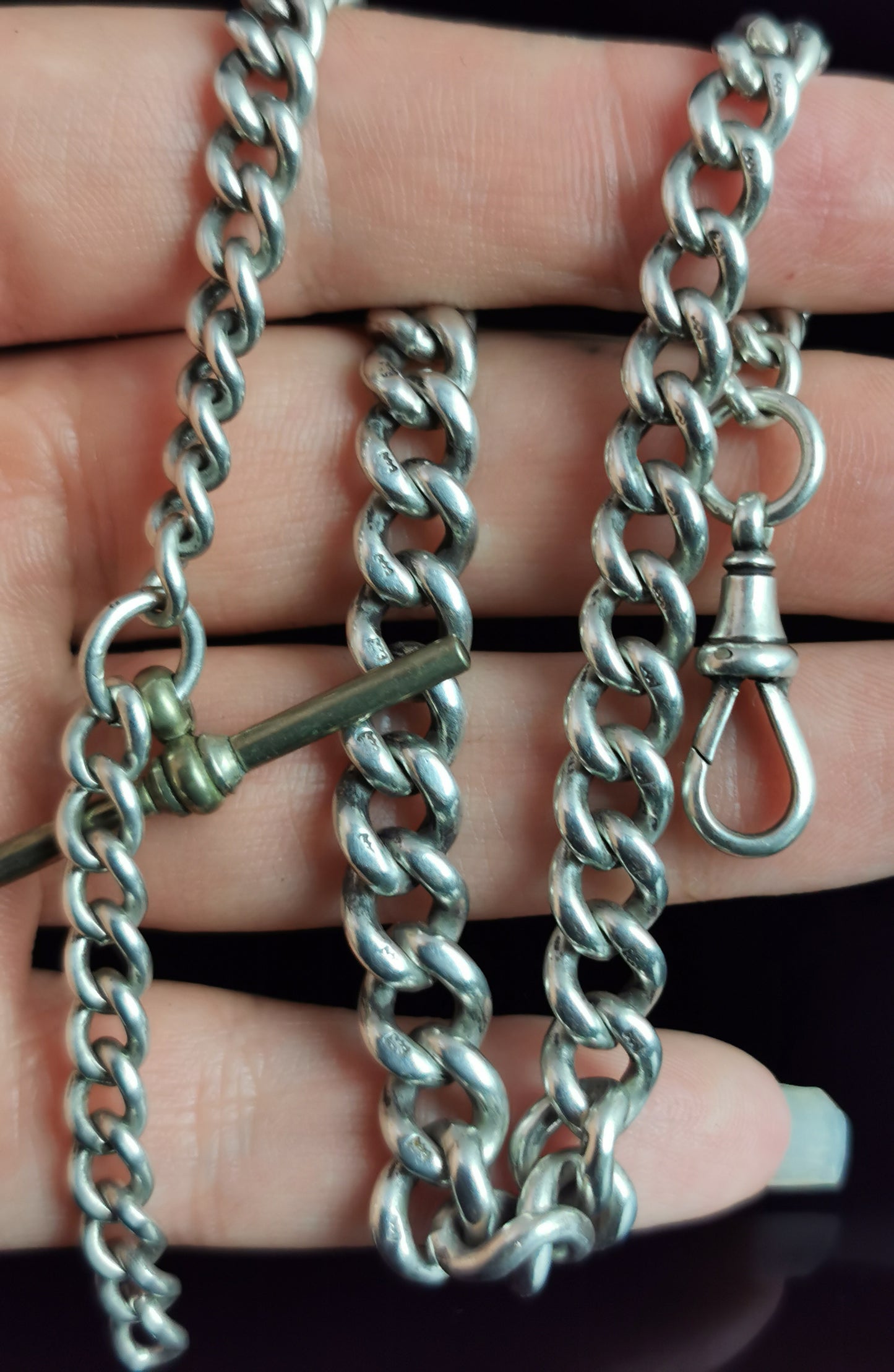 Antique sterling silver Albert chain, watch chain, Curb link