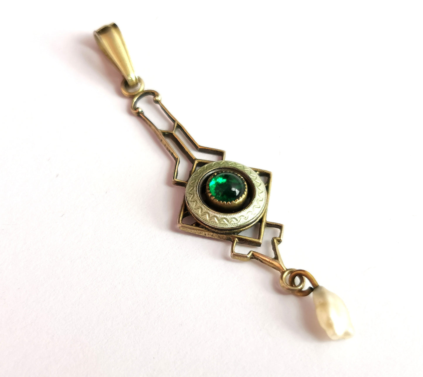 Antique Art Nouveau Emerald paste Drop pendant, Silver gilt, Guilloche enamel, Baroque pearl