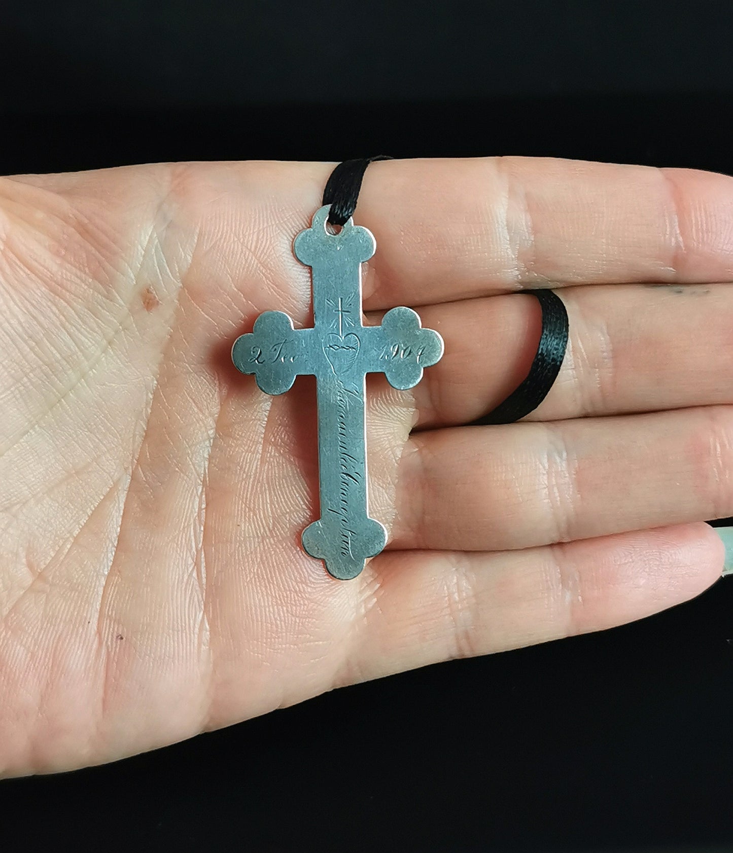 Antique silver cross pendant, heart and dagger