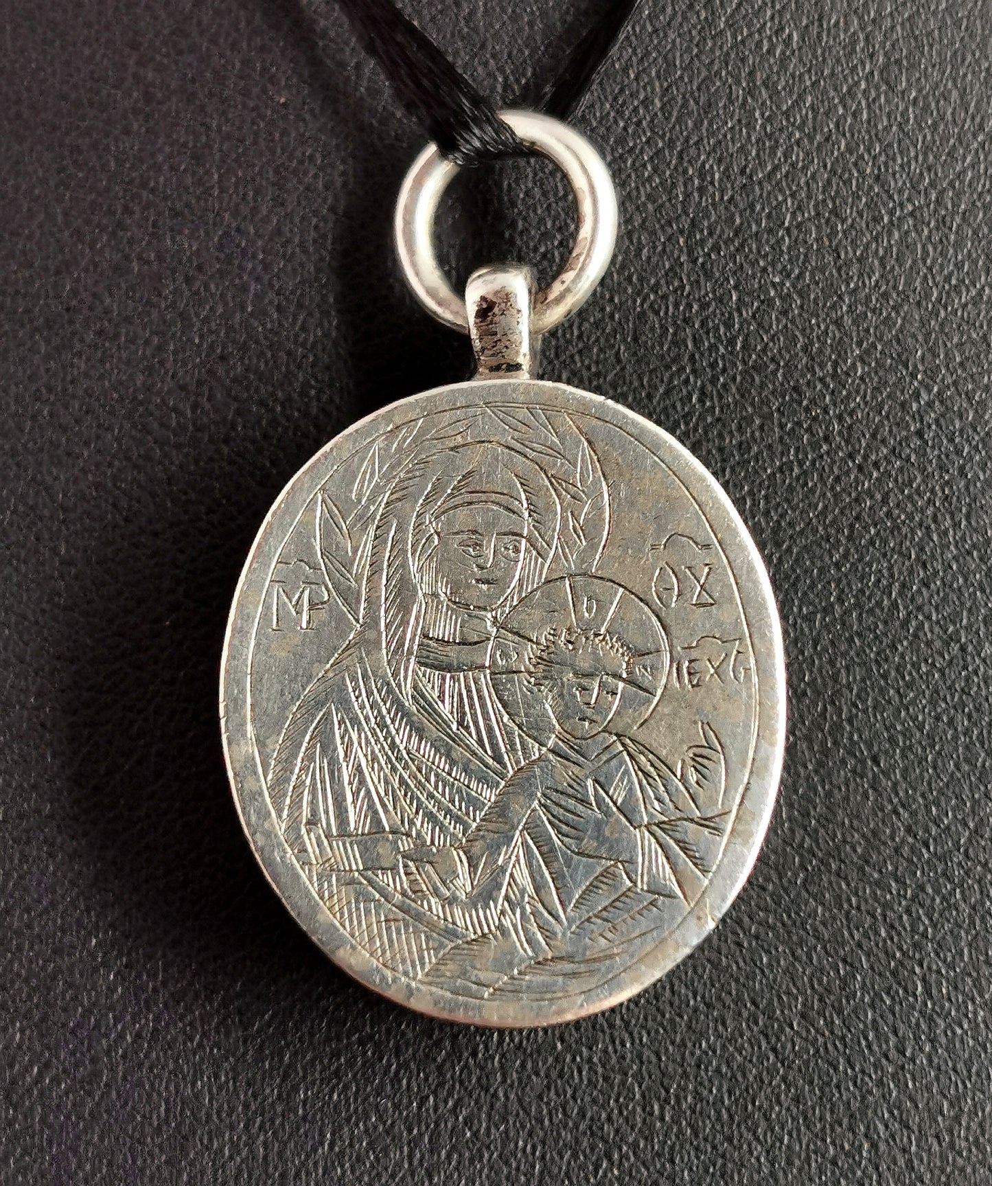 Antique silver reliquary locket pendant, INRI, mourning