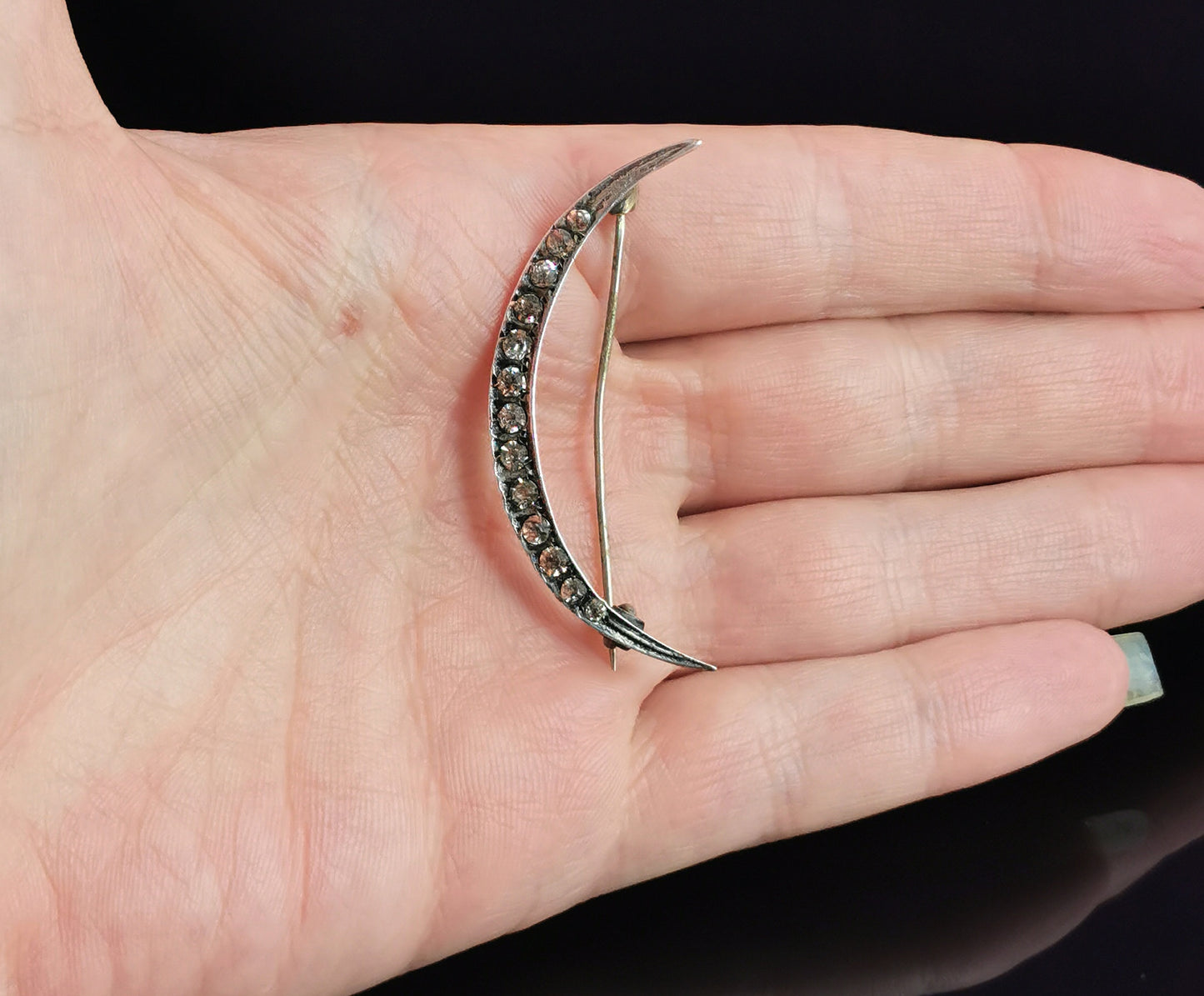 Antique paste crescent brooch, Sterling silver, Edwardian