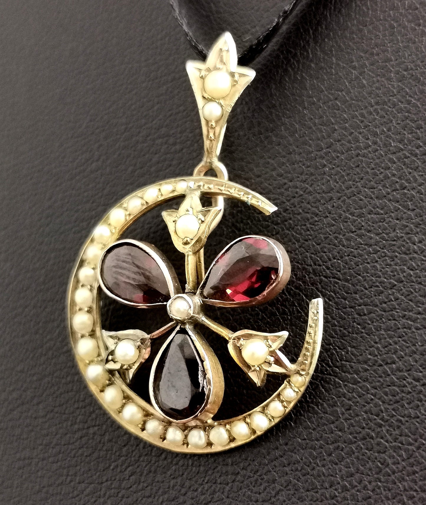 Antique Garnet and pearl Crescent and Shamrock pendant, 9ct gold