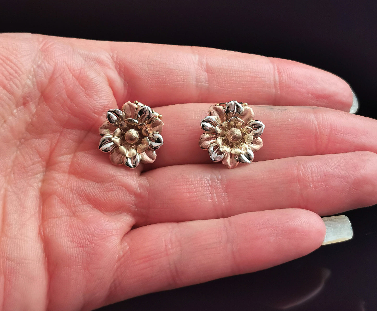 Flower clip on earrings, floral tri colour 9ct gold