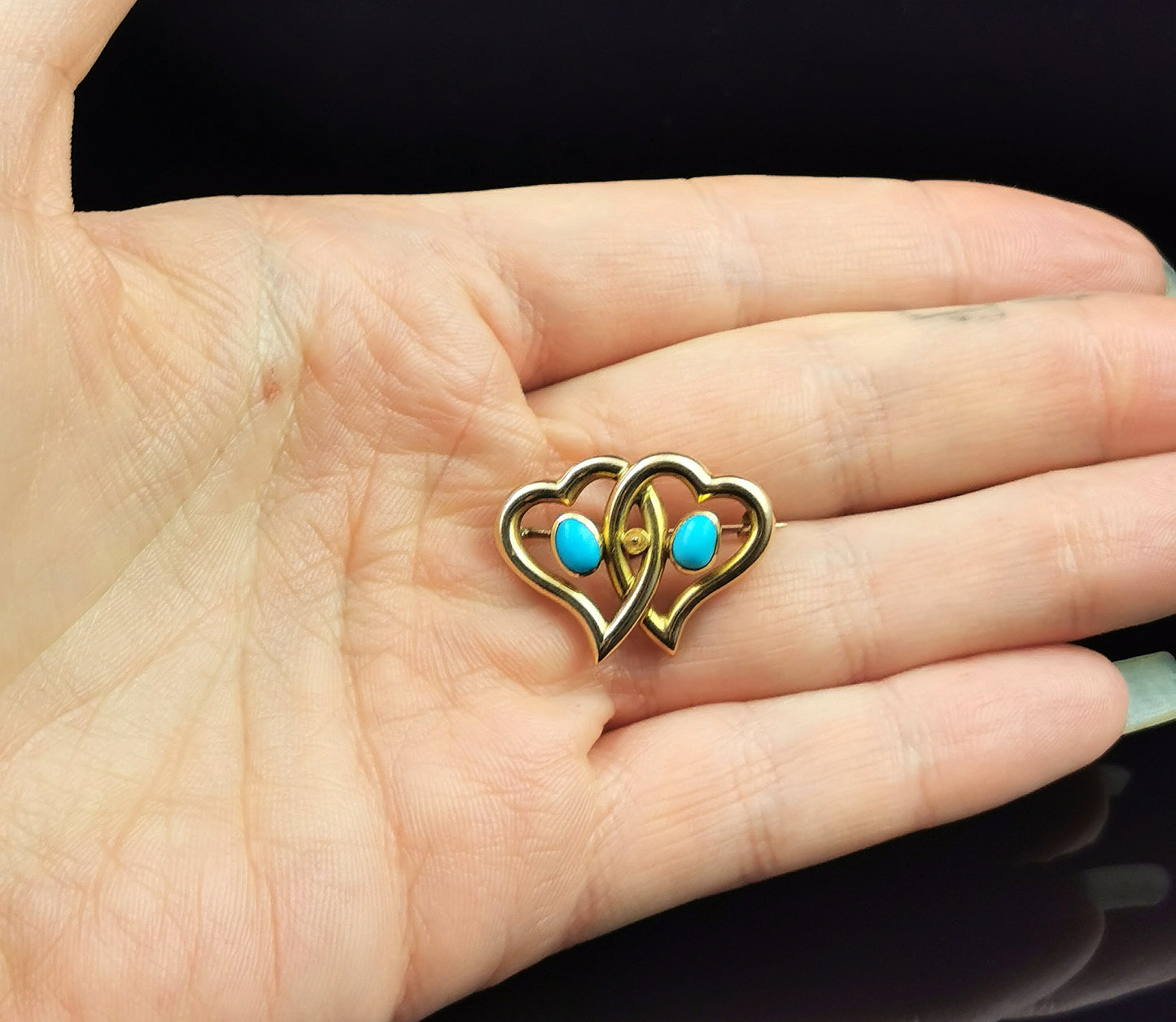 Antique Double Witches heart brooch, 15ct gold, Turquoise