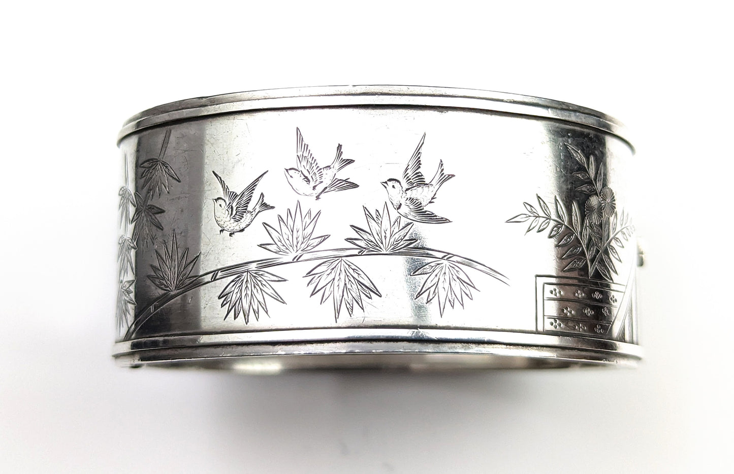 Antique Victorian silver cuff bangle, Aesthetic, Swallows