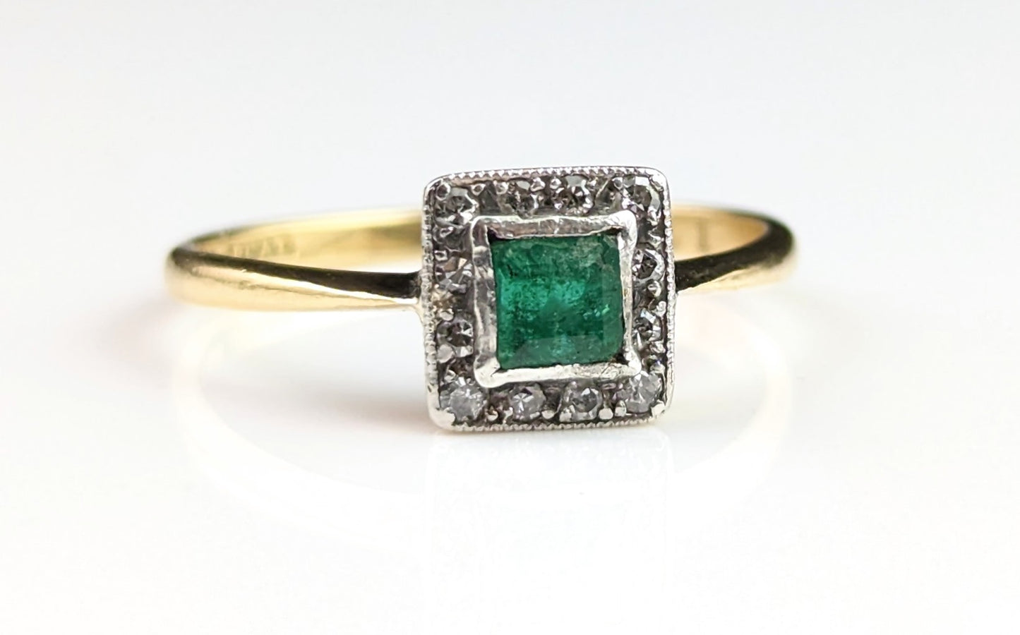 Vintage Art Deco Emerald and Diamond ring, 18ct gold and Platinum