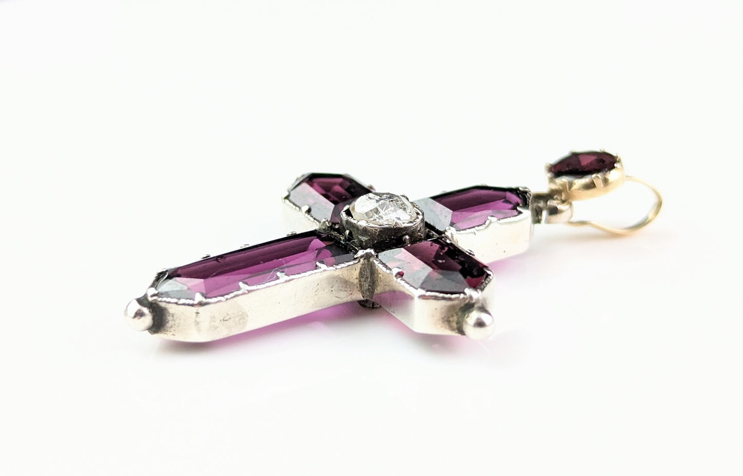 Antique Georgian Diamond and Almandine Garnet Cross pendant, 9ct gold and silver