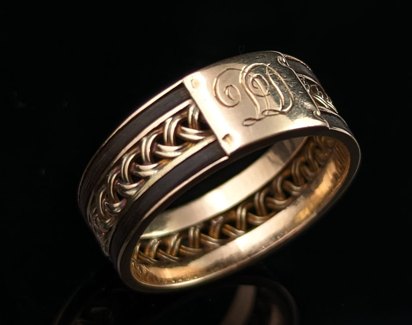 Antique 14ct gold plaited band ring, Elephant hair, Monogrammed
