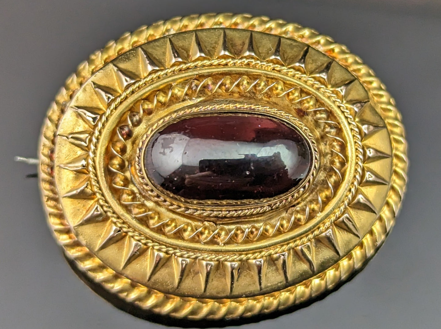Antique Etruscan revival Garnet Cabochon brooch, 9ct gold, Victorian