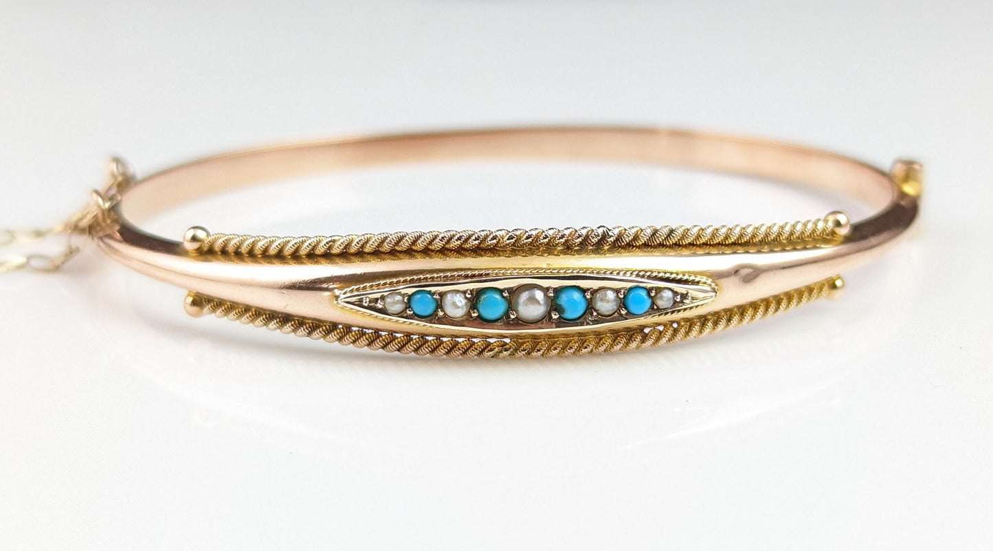 Antique 9k Rose gold Turquoise and pearl bangle, Victorian