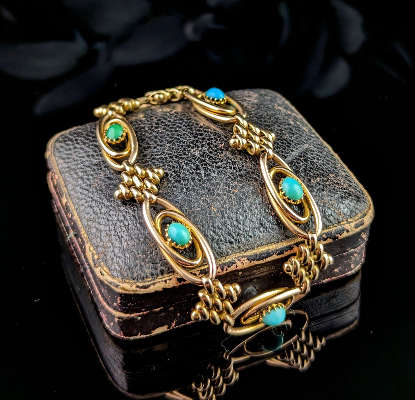 Antique 9ct gold fancy link bracelet, turquoise, Edwardian