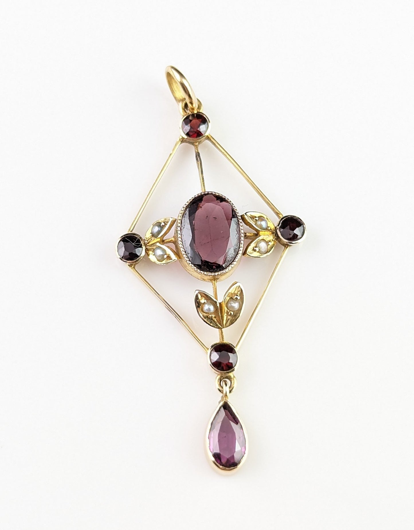 Antique Almandine garnet and pearl lavalier pendant, 9ct gold, Art Nouveau