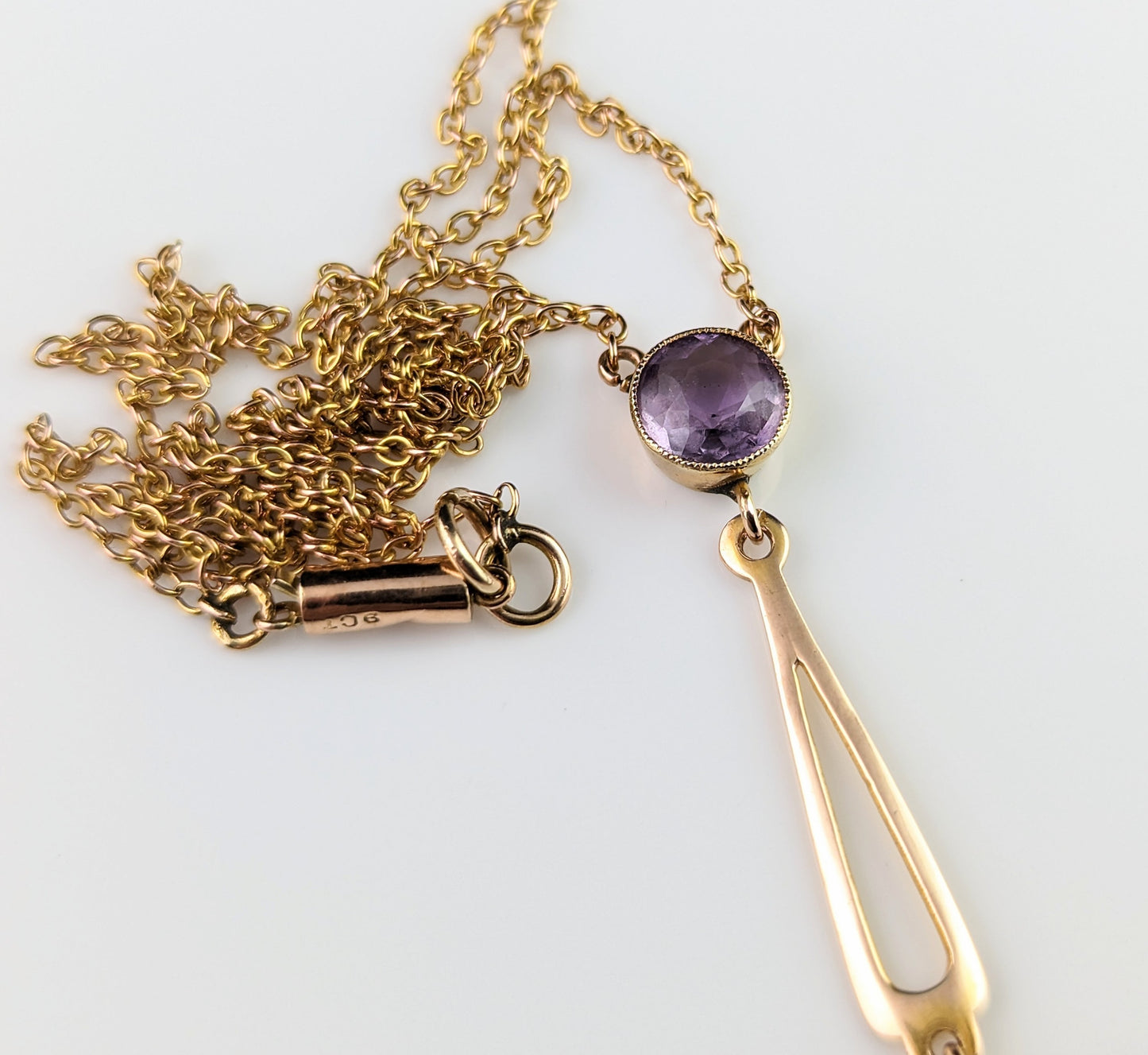 Antique Amethyst drop necklace, 9ct gold, lariat