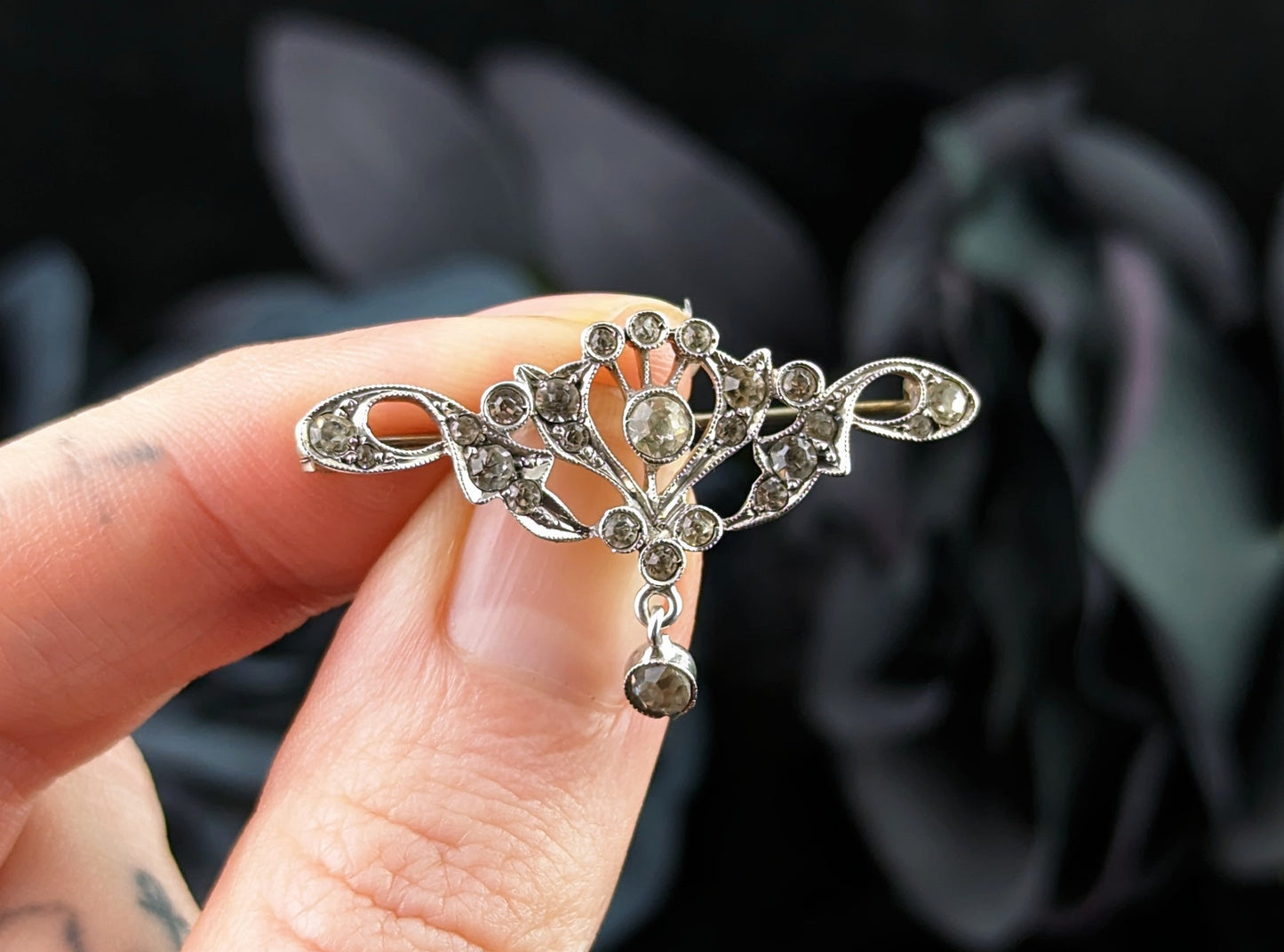 Antique paste floral dropper brooch, 800 silver, Art Nouveau