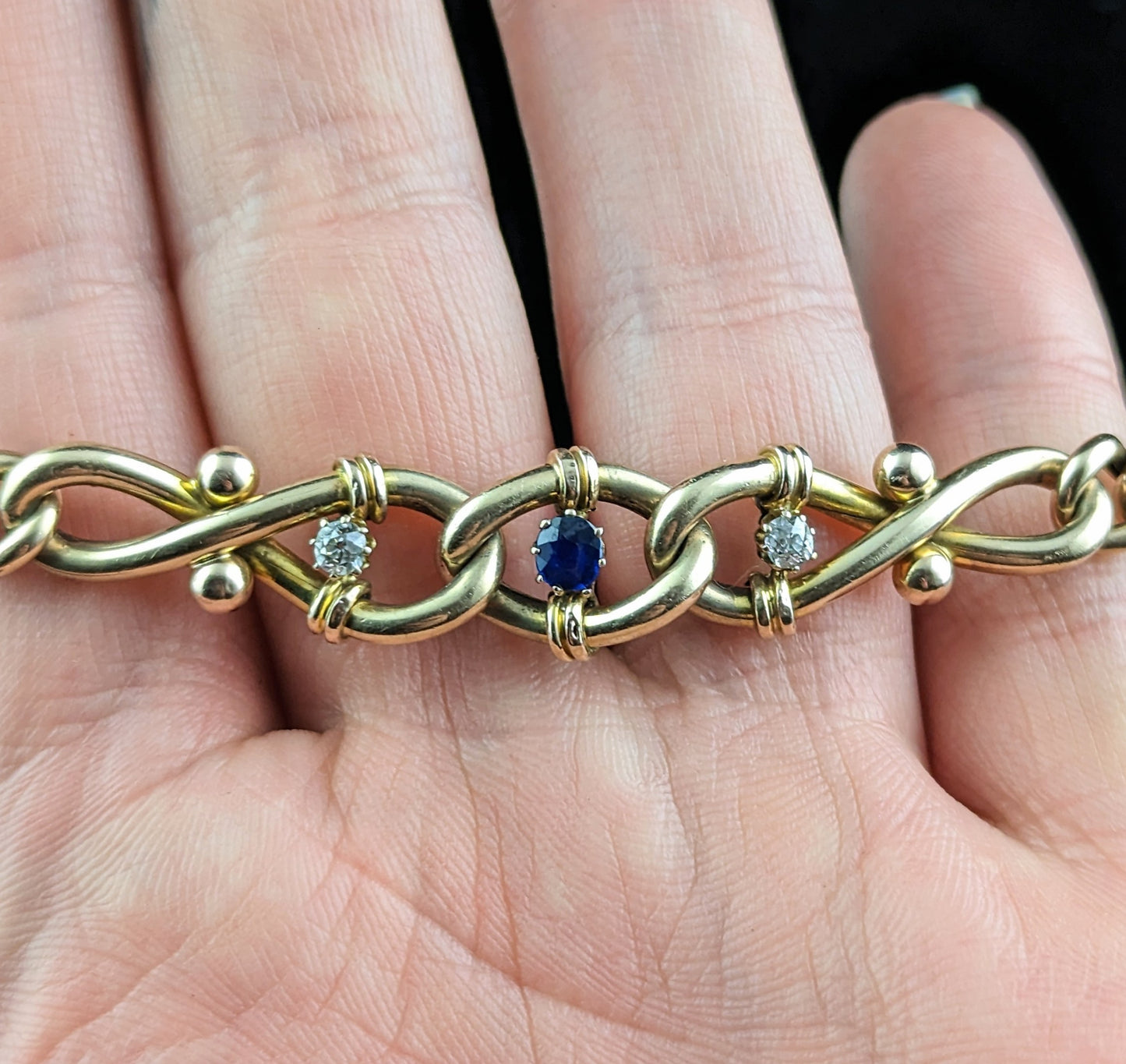 Antique Sapphire and Diamond bracelet, curb link, 15ct gold