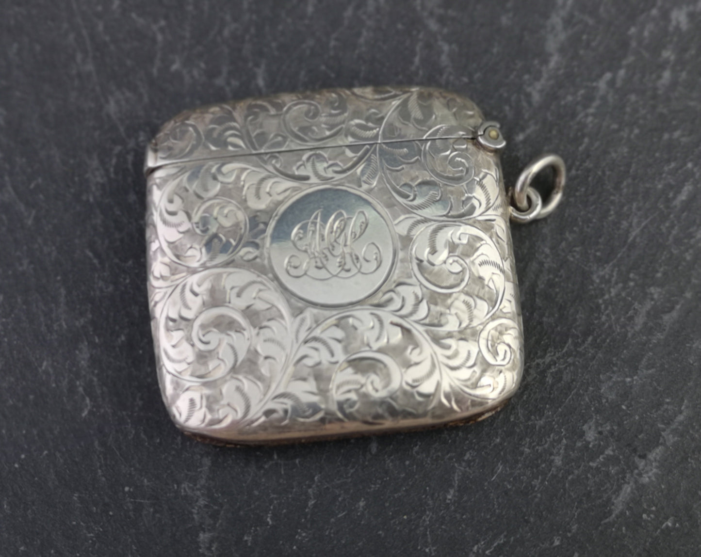 Antique sterling silver vesta case, engraved