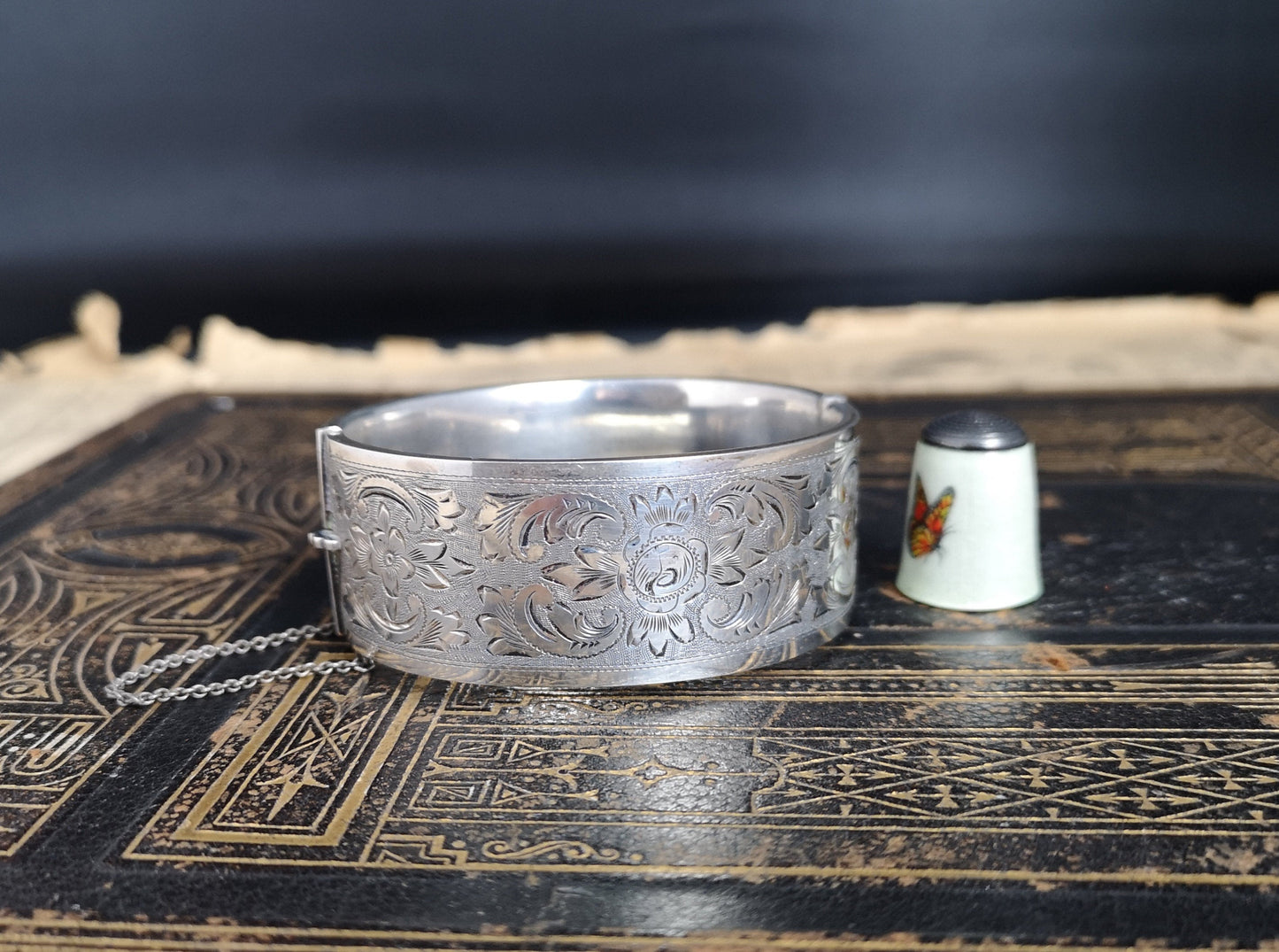 Antique silver cuff bangle, Victorian floral aesthetic