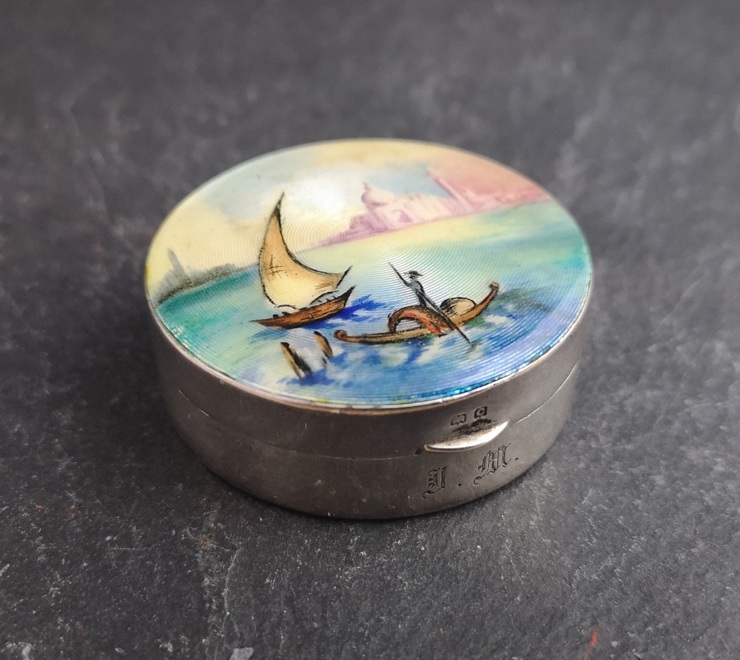 Vintage sterling silver and guilloche enamel box, hand painted scene, 1920's