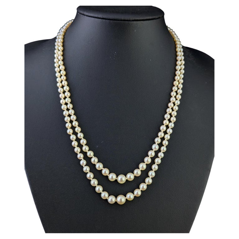 Vintage Double row cultured pearl necklace, Diamond clasp 9ct white gold, Art Deco
