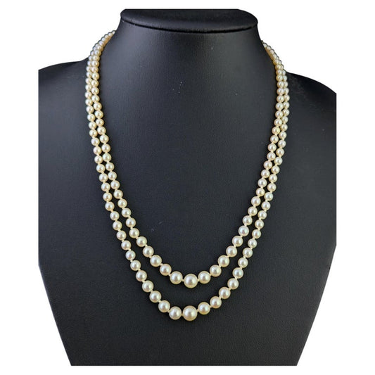 Vintage Double row cultured pearl necklace, Diamond clasp 9ct white gold, Art Deco