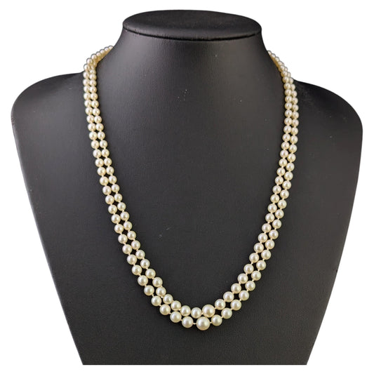 Vintage Art Double row cultured pearl necklace, Diamond clasp, 9ct white gold