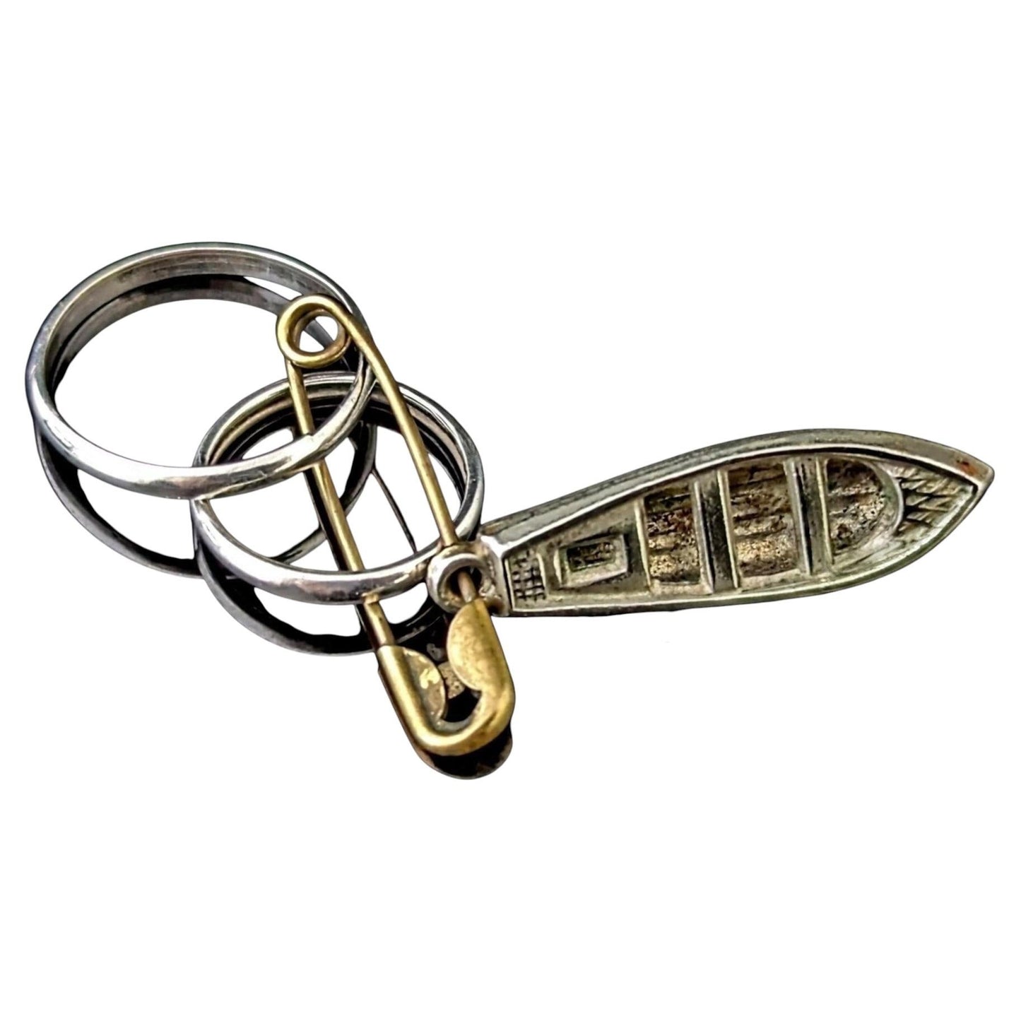 Vintage sterling silver wedding bands, boat charm, Dangly pendant