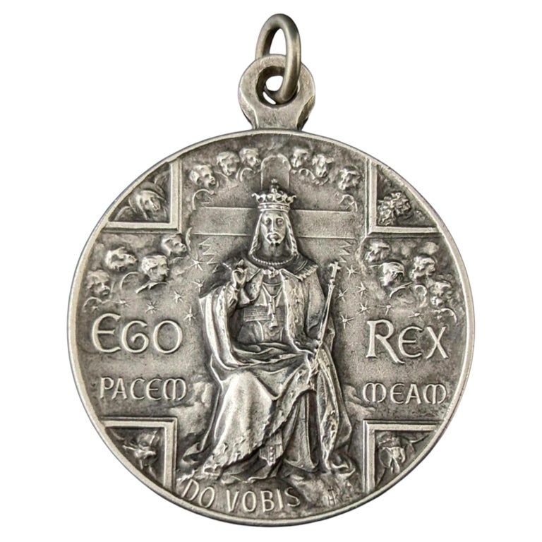 Antique French silver religious medallion pendant, Christ the King