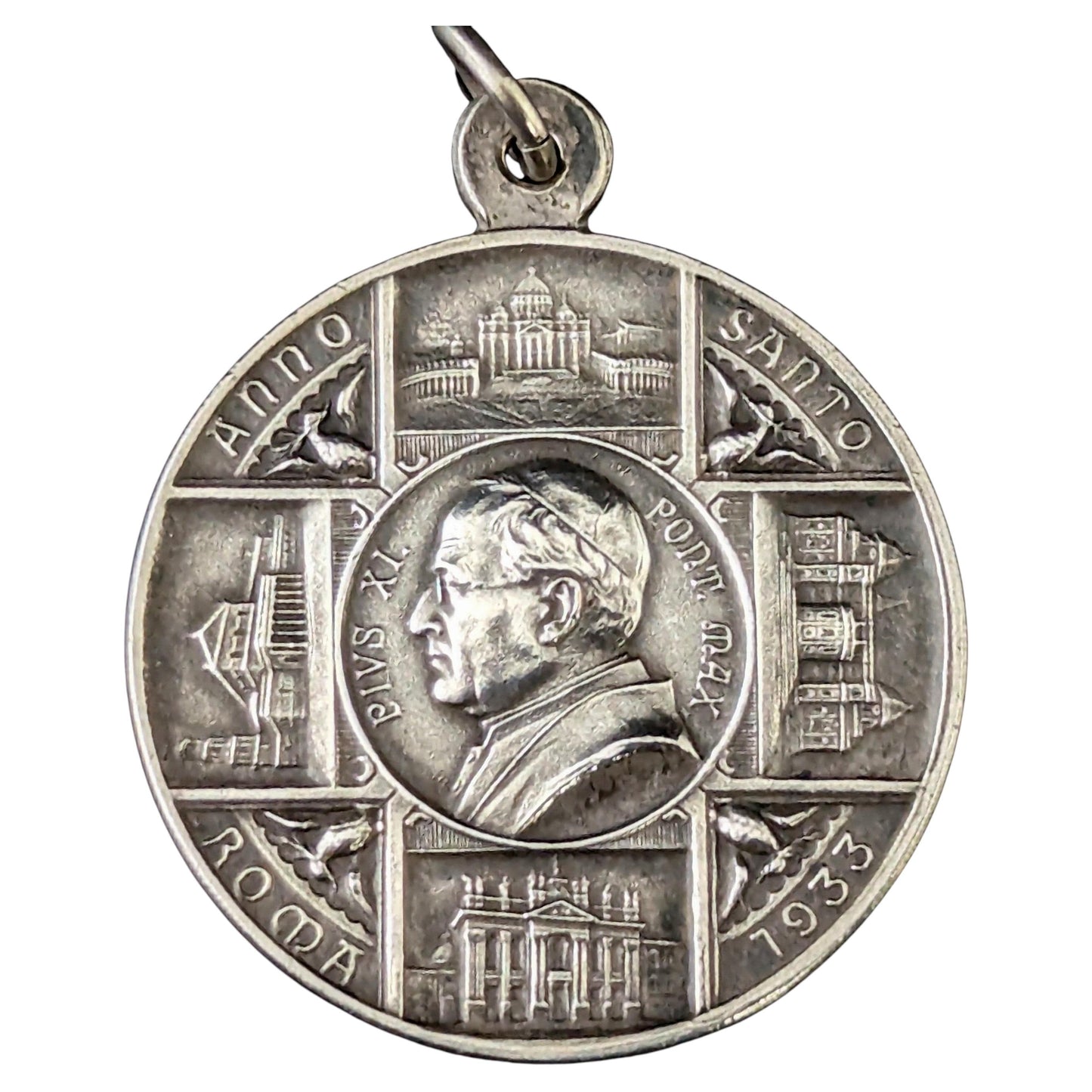 Antique silver religious medallion pendant, Pope Pius XI
