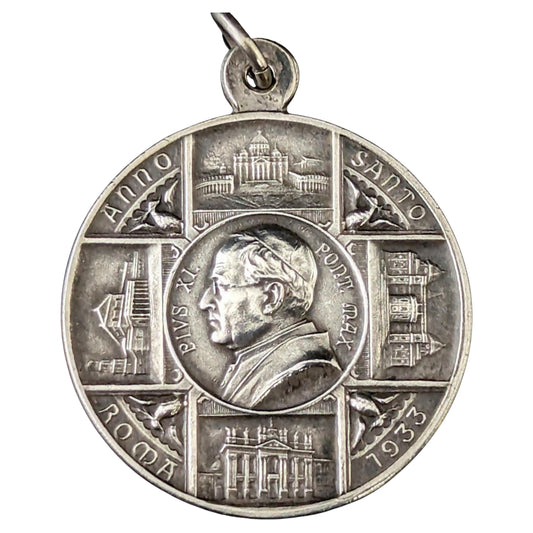 Antique silver religious medallion pendant, Pope Pius XI