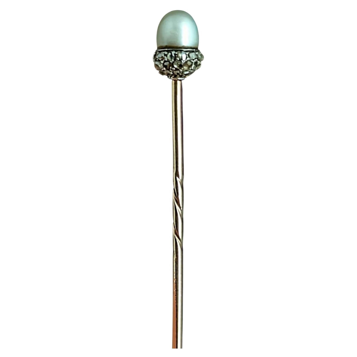 Antique Diamond and Pearl Acorn stick pin, 9ct gold, Sterling silver, Symbolic, Growth