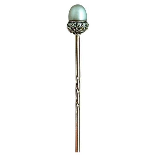 Antique Diamond and Pearl Acorn stick pin, 9ct gold, Sterling silver, Symbolic, Growth