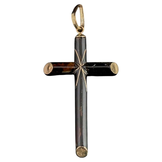 Vintage 9ct gold and Black enamel cross pendant, North Star, Religious jewellery