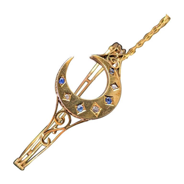 Antique Sapphire and Diamond crescent moon bangle, 9ct yellow gold