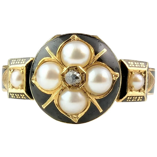 Antique 18ct gold Mourning locket ring, Black enamel, Diamond and Pearl