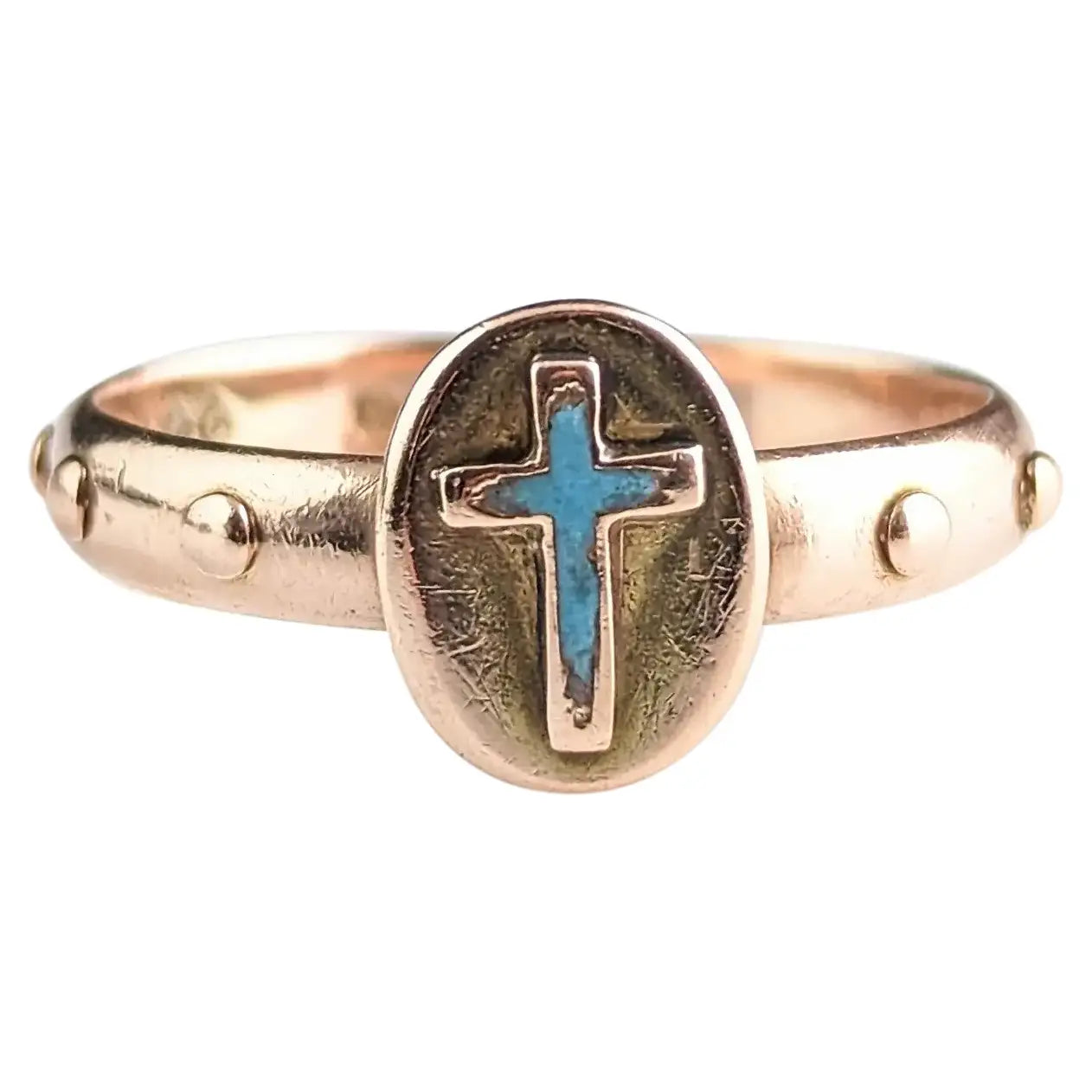 Antique Victorian 9ct Rose gold Rosary ring, Blue enamel cross, Victorian