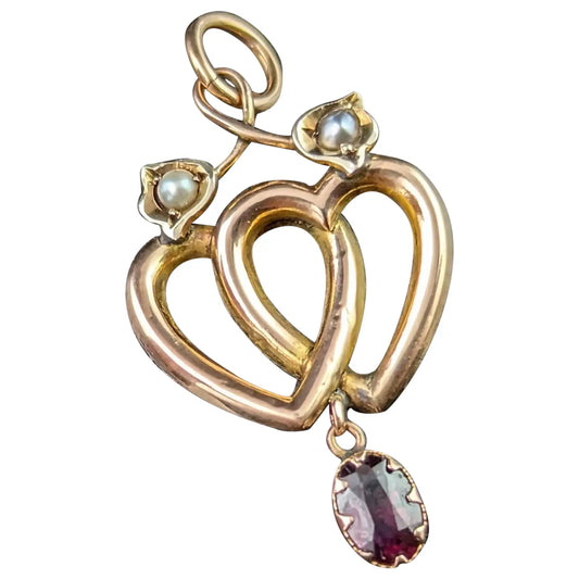 Antique 9ct gold double heart dropper pendant, Garnet and pearl