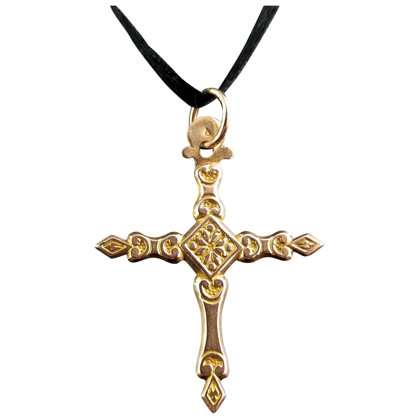 Antique 9ct gold German cross pendant, floral