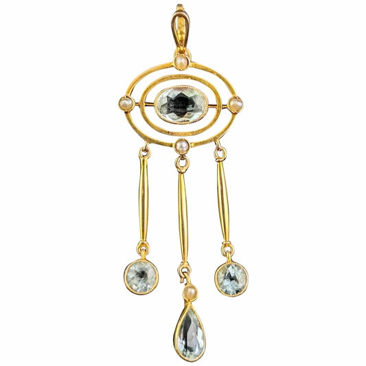 Antique Aquamarine triple drop pendant, 15ct gold, Pearl, Art Nouveau