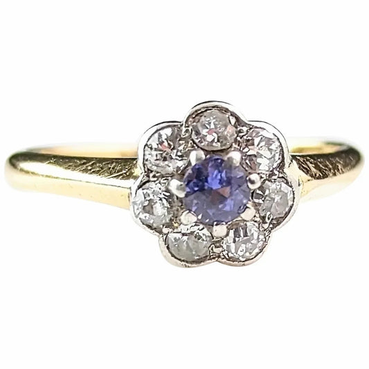 Antique Art Deco Sapphire and Diamond flower ring, cluster, 18ct gold