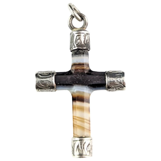 Antique banded agate Cross pendant, Victorian, sterling silver
