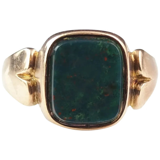 Antique Bloodstone signet ring, 9ct gold, Victorian, boxed