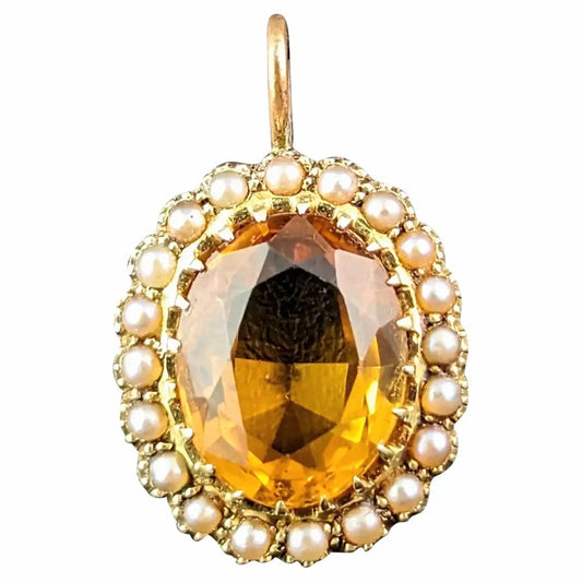 Antique Citrine and Pearl halo pendant, 15ct gold